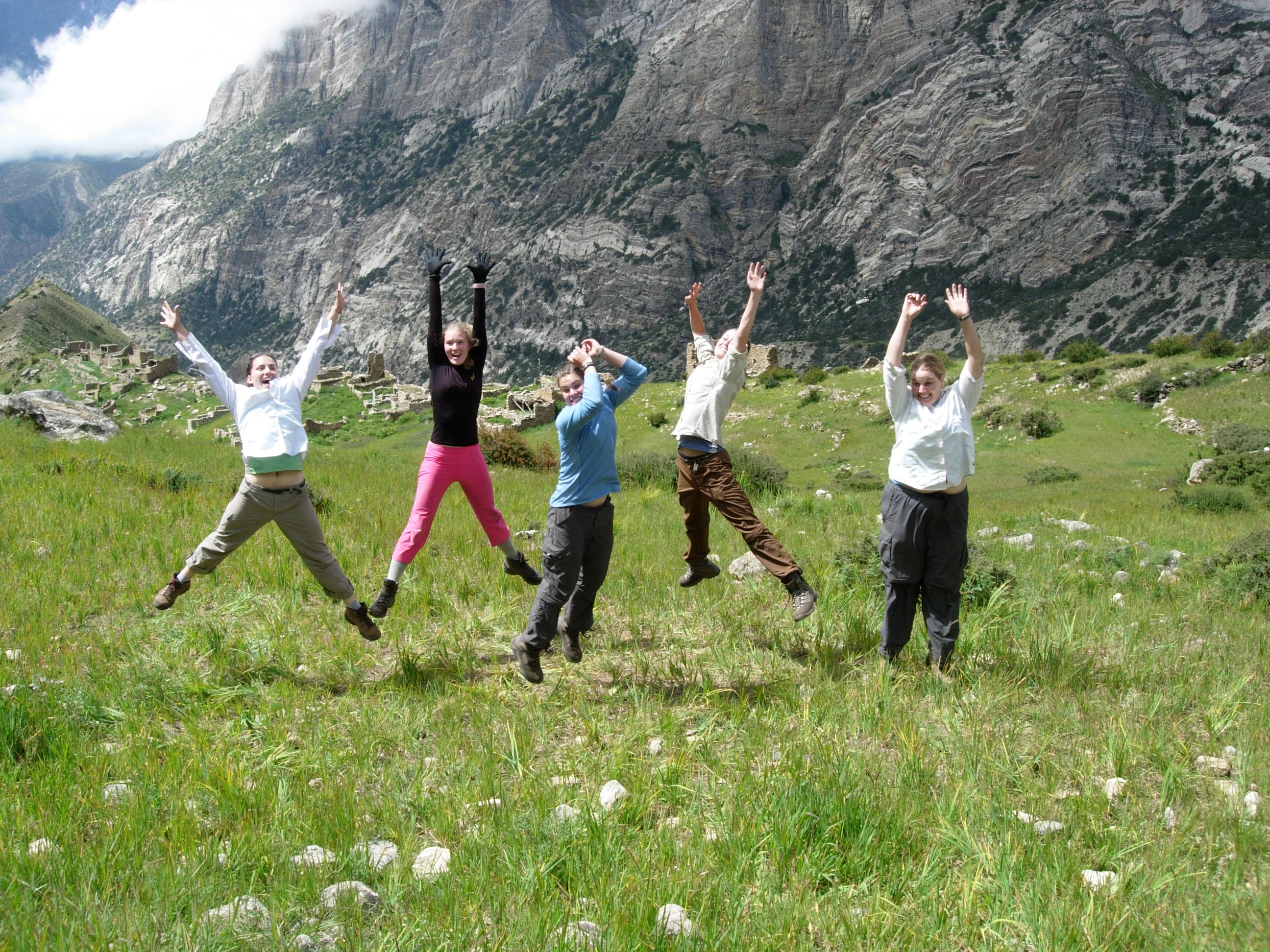Students trekking along geological transect in the Nepal Himalaya