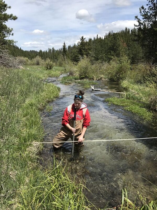 Students operating a streamflow gauge at Rhoads Fork during the Environmental Field Camp