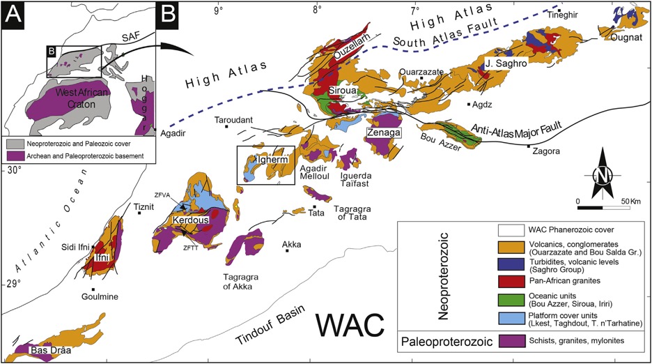 Field camp participants examining Precambrian basement rocks in the Anti-Atlas, Morocco